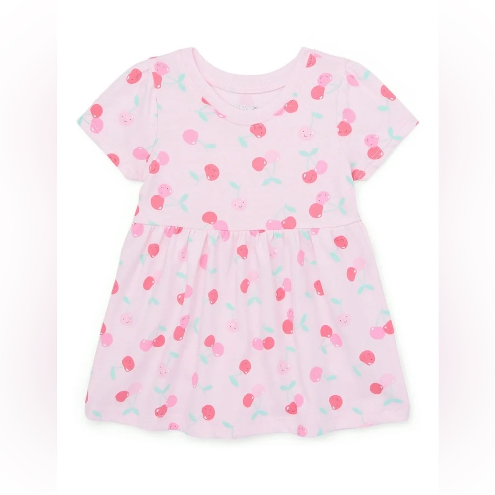 Short Sleeve Pink Cherry Print Dress